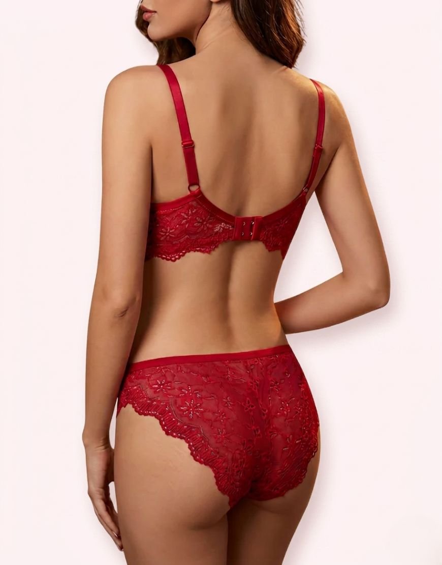 Red padded wired lingerie set with floral lace by LoftyComfort