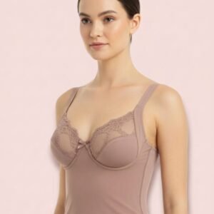 Mauve LoftyComfort longline sculpting bra with floral lace