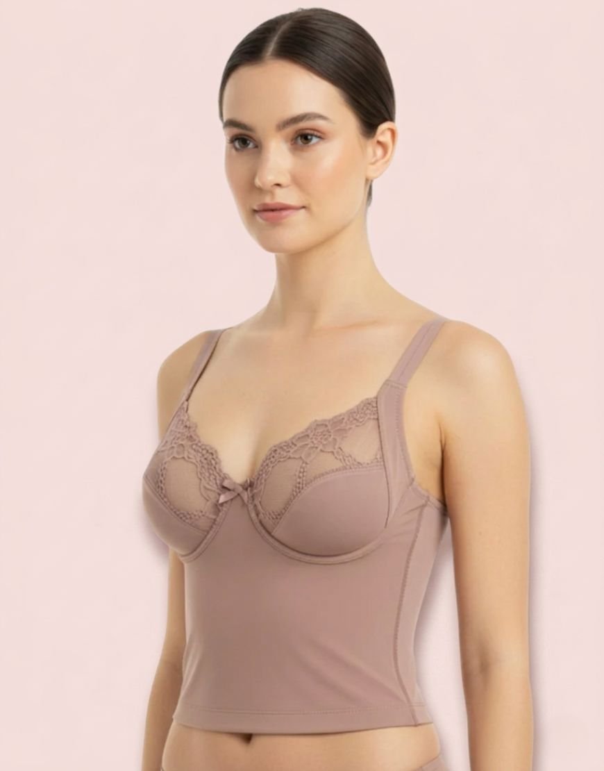 Mauve LoftyComfort longline sculpting bra with floral lace