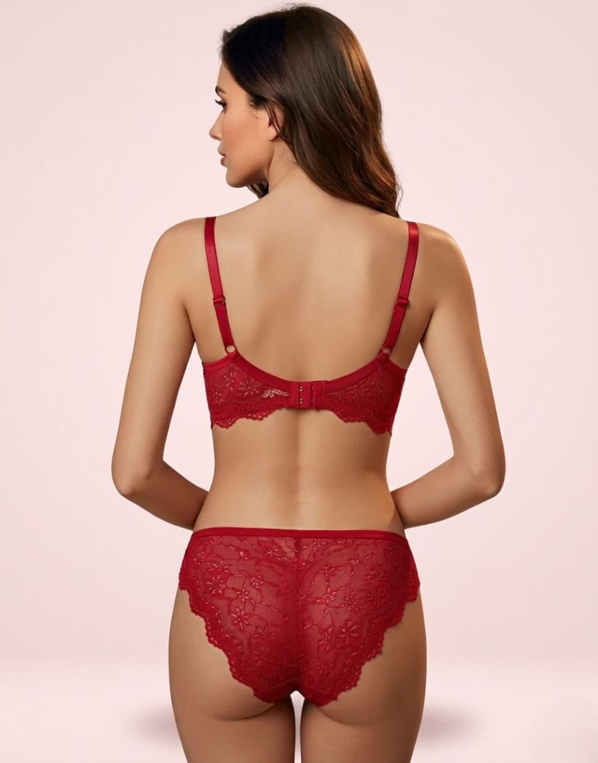Red padded wired lingerie set with floral lace by LoftyComfort