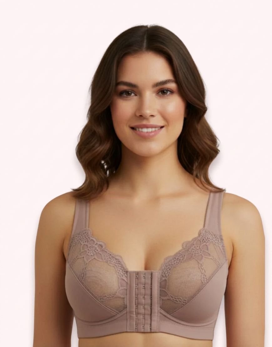 front-closure bra with floral lace by LoftyComfort