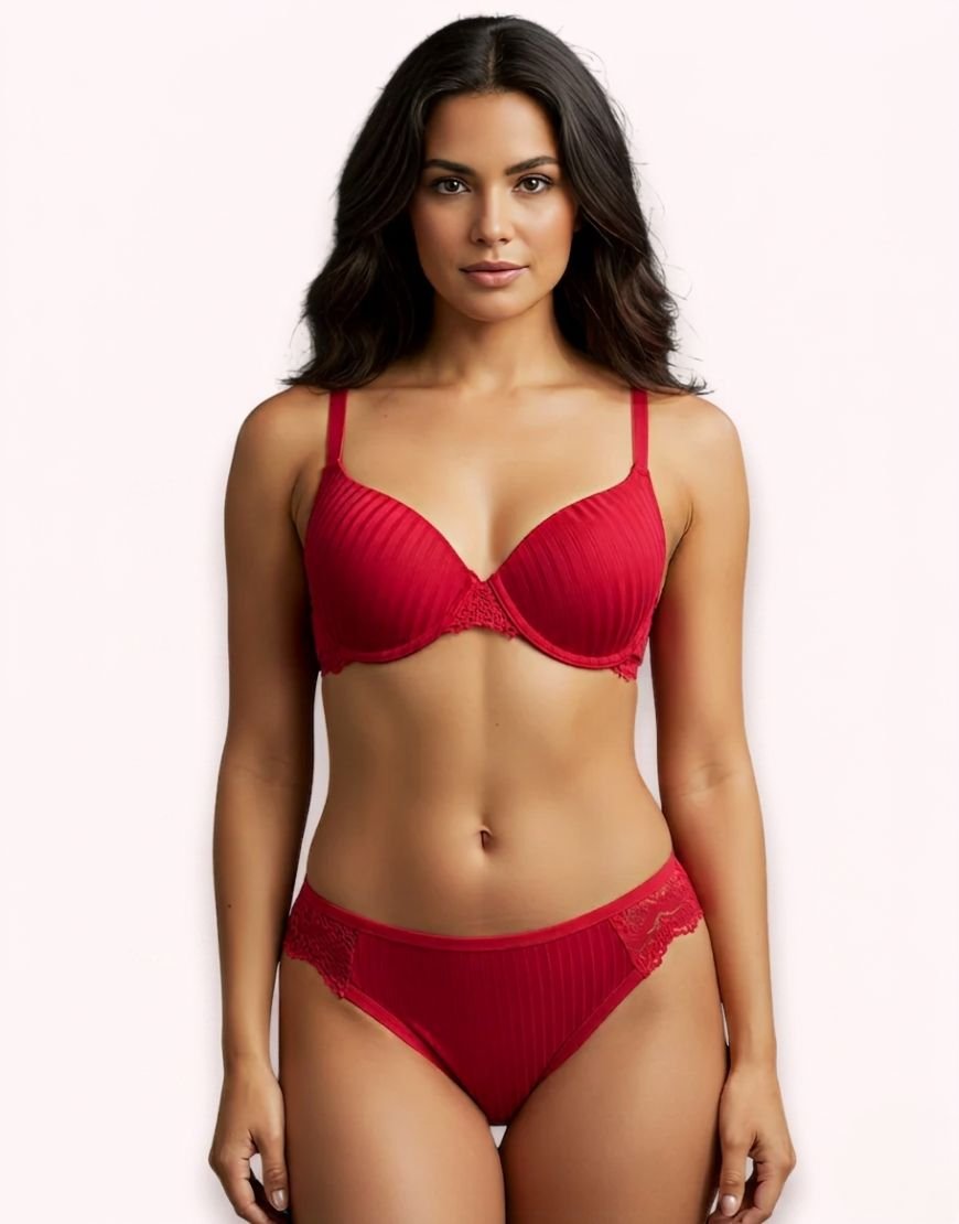 Red padded wired lingerie set with floral lace by LoftyComfort