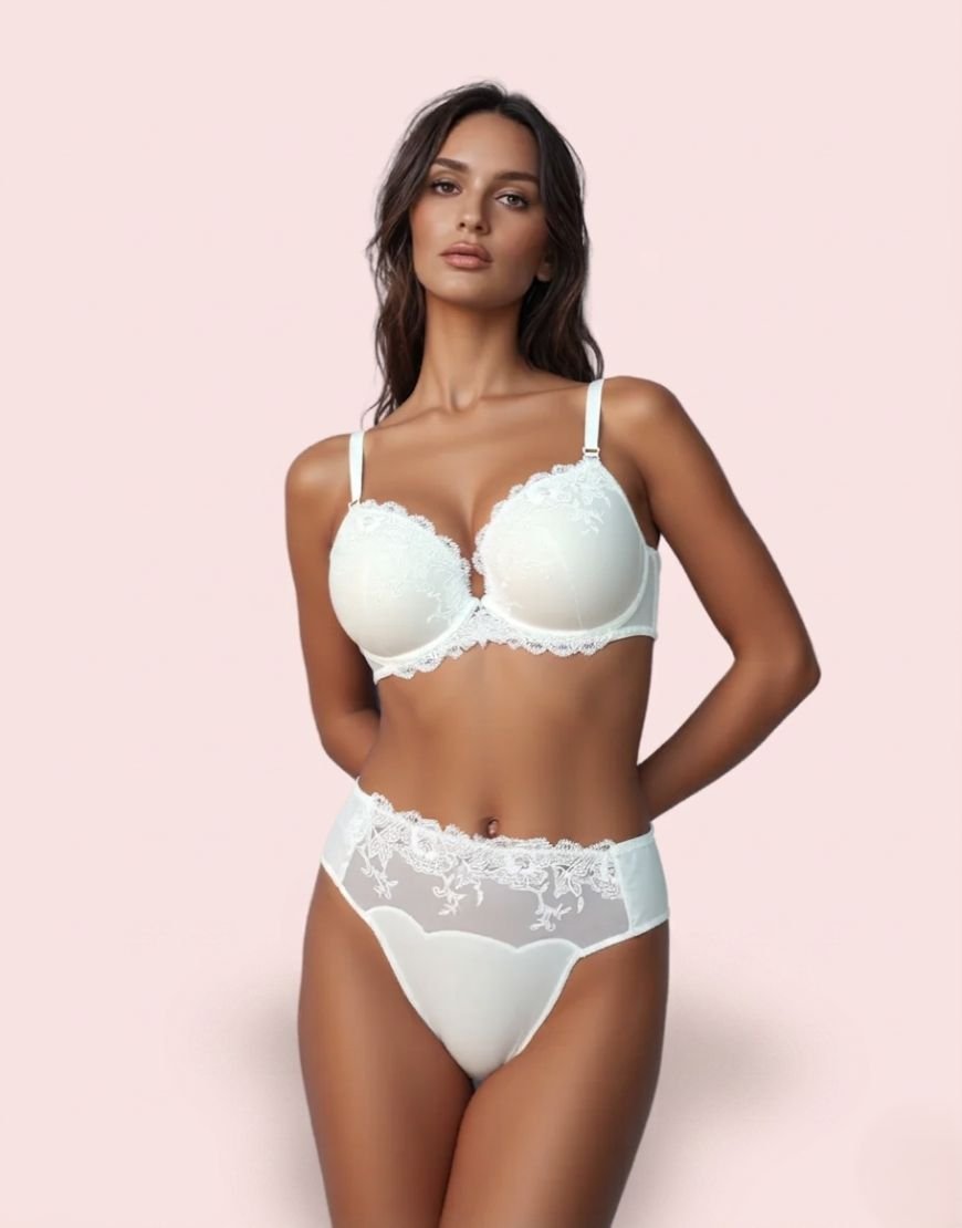 LoftyComfort white floral lace bra and panty set with embroidery Floral Lace Bra Set