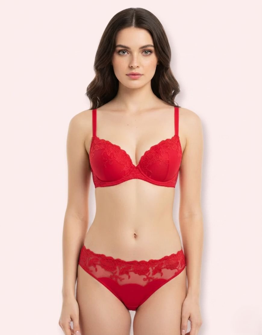 LoftyComfort red lace bra and panty set with elegant details