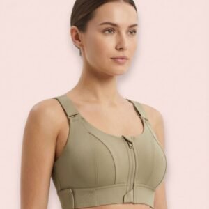 Olive front-zip high-impact sports bra by LoftyComfort for women