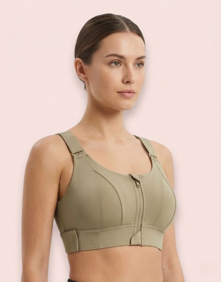 Olive front-zip high-impact sports bra by LoftyComfort for women