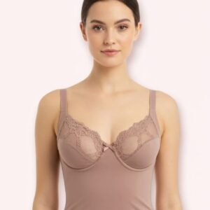 Mauve LoftyComfort longline sculpting bra with floral lace