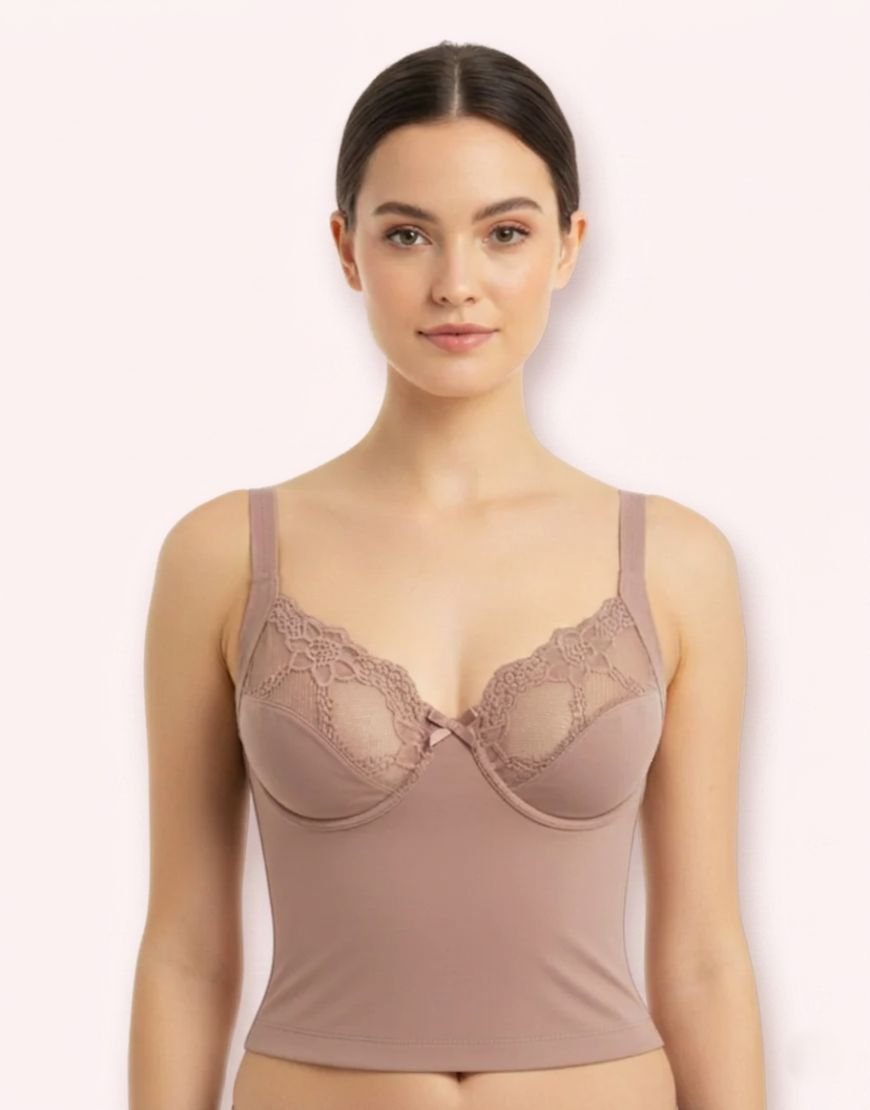 Mauve LoftyComfort longline sculpting bra with floral lace