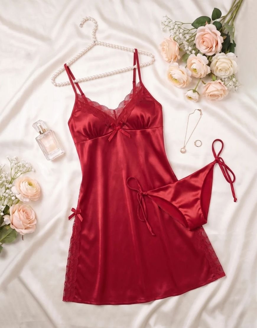 Red Satin Lace Babydoll Lingerie Set