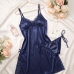 Navy Blue Satin Lace Babydoll Lingerie Set