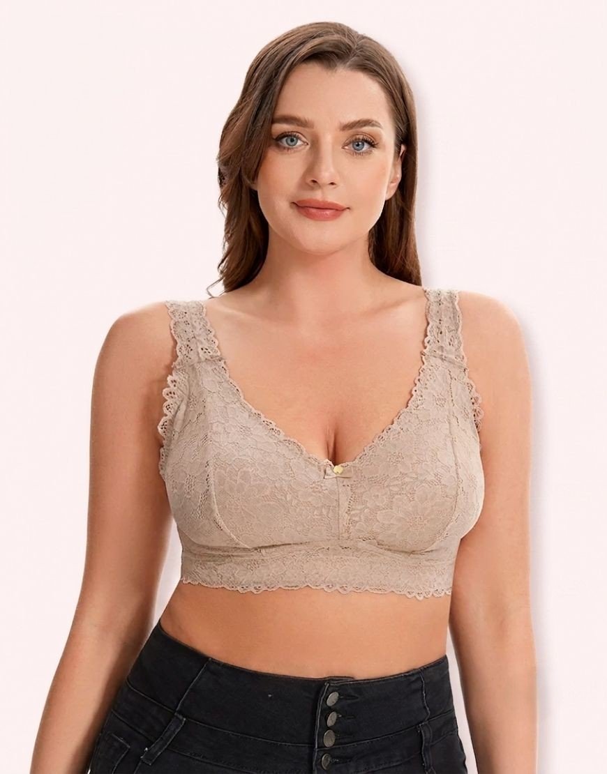 Curvy Double Layered Minimizer Lace Bra-BEIGE