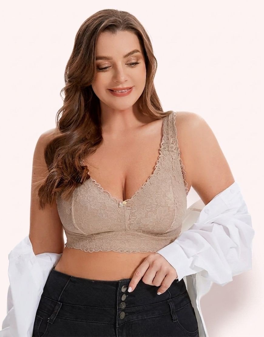 Curvy Double Layered Minimizer Lace Bra-BEIGE