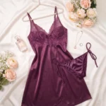Purple Satin Lace Babydoll Lingerie Set