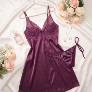 Purple Satin Lace Babydoll Lingerie Set