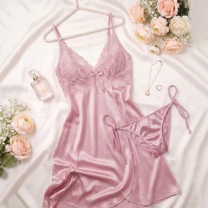Satin Lace Babydoll Lingerie Set | Elegant Sleepwear for Women